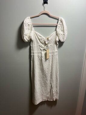 Ivory Eyelet Puff-Sleeve Midi Dress with Front Slit